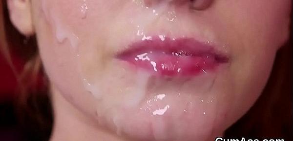  Horny honey gets cumshot on her face swallowing all the cream
